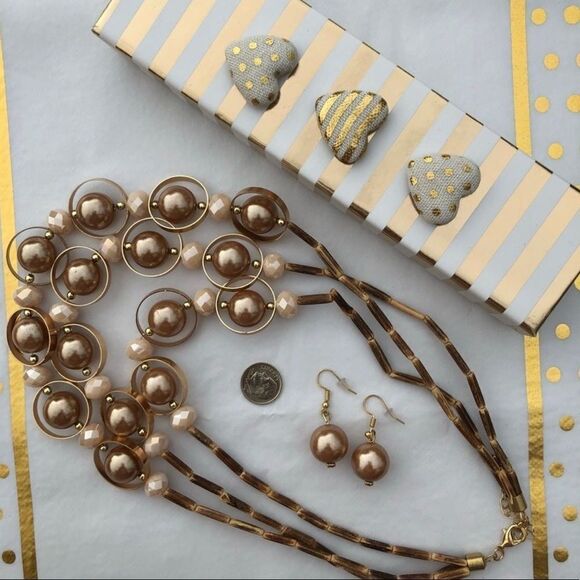SUMMER Necklace & Earring Set Faux Pearls and  Wooden beads  New - Picture 1 of 7
